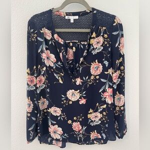 DR2 Dark Blue Floral Blouse with Pink and Yellow Accents